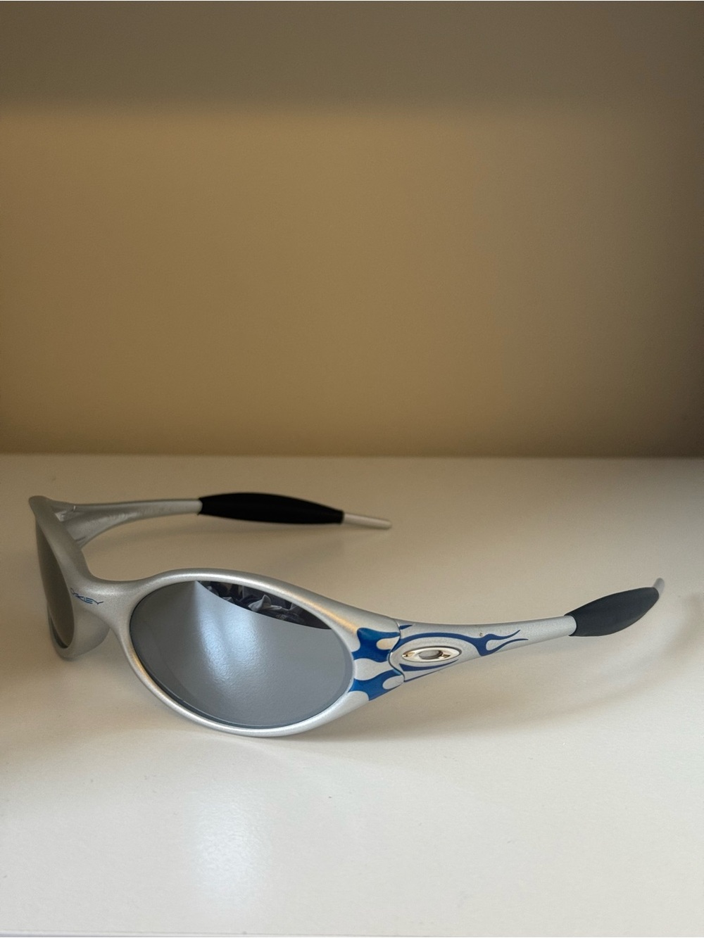 Oakley Style Silver Sunglasses with Blue Flame Accents